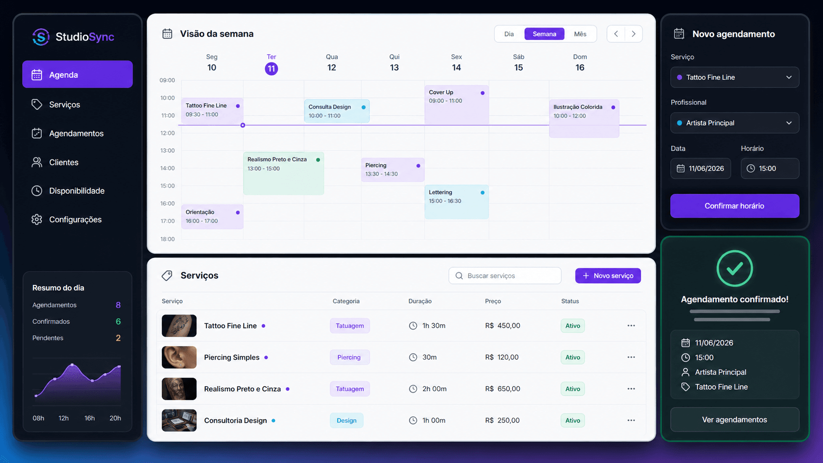 Interface do modulo Agenda e servicos no StudiioSync