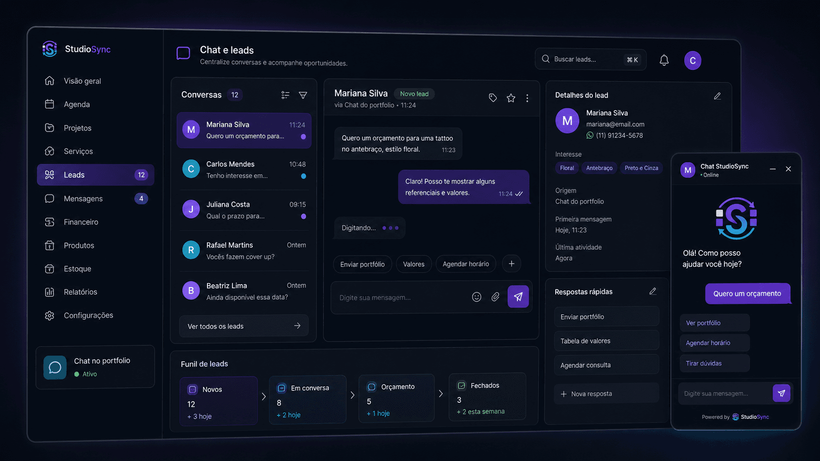 Interface do modulo Chat e leads no StudiioSync
