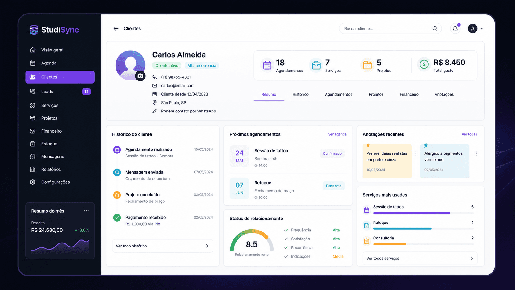 Interface do modulo Gestao de clientes no StudiioSync