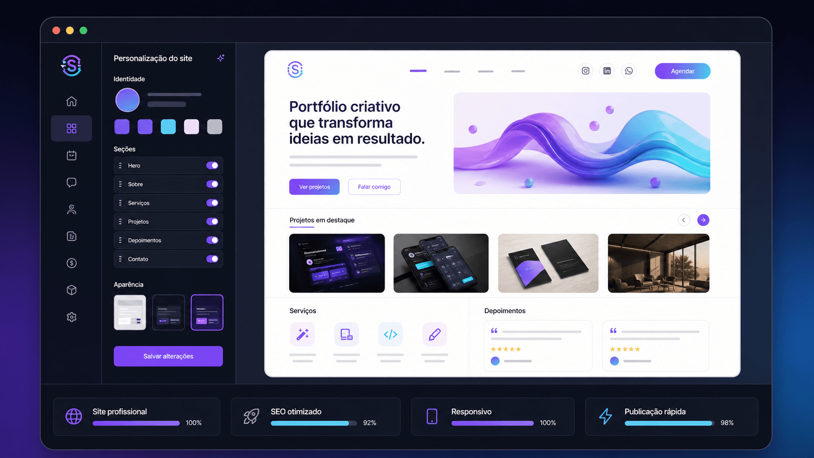 Interface do modulo Portfolio profissional no StudiioSync